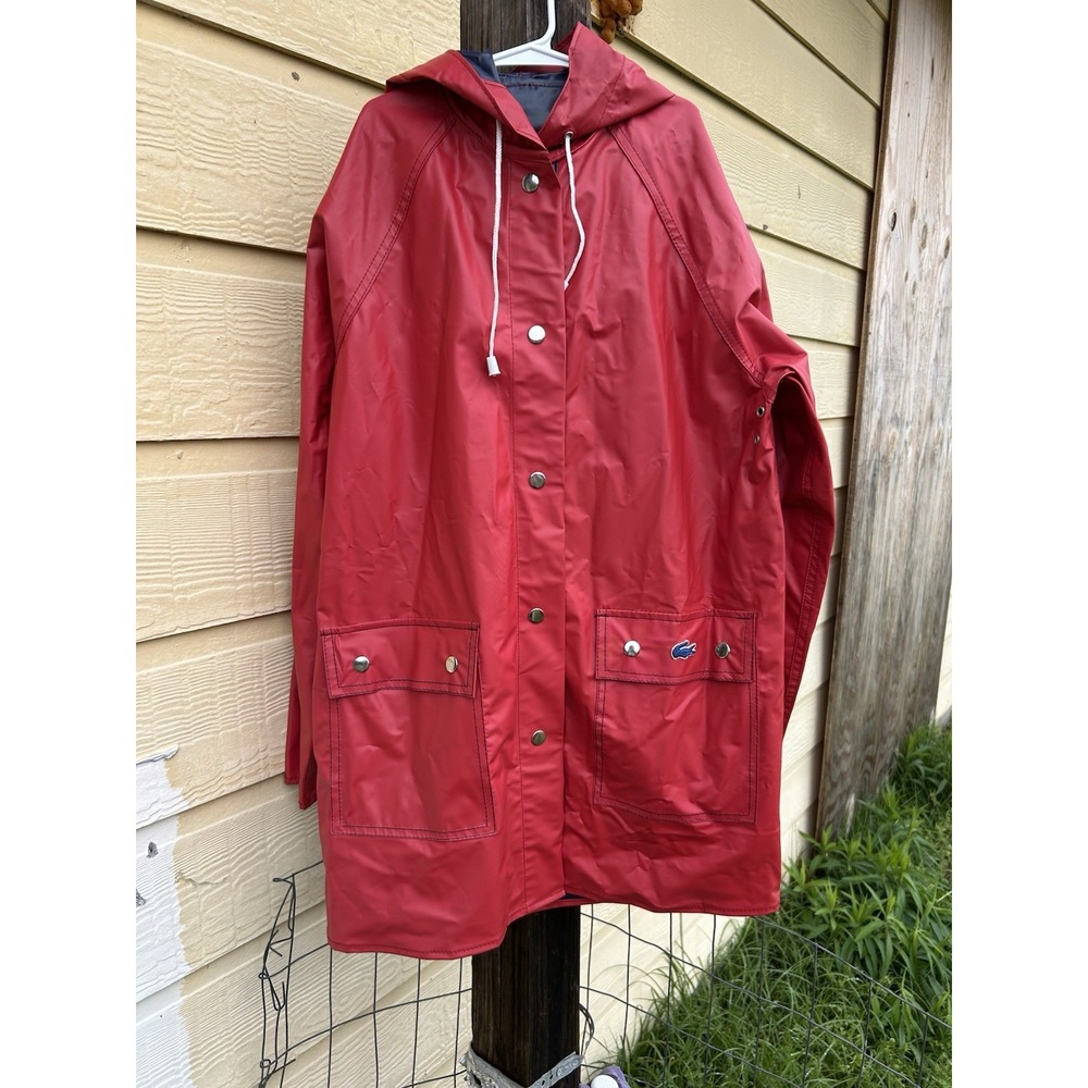 Vtg Lacoste Izod Logo Raincoat Reversible Red Navy PVC Waterproof Sz M Hooded